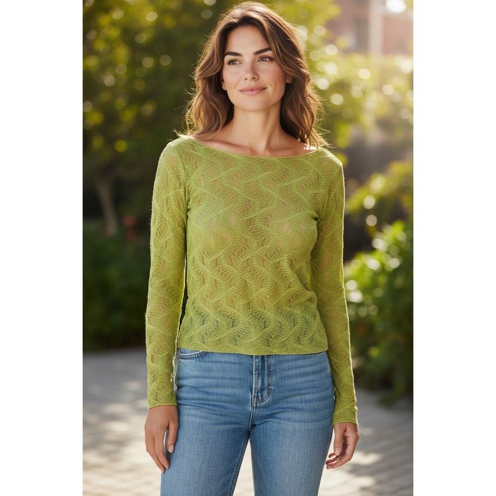 Zara Womens‎ Lime Green Pointelle Knit Open Back Long Sleeve Top Size Medium
